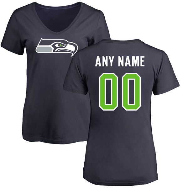 Women Seattle Seahawks NFL Pro Line Navy Any Name and Number Logo Custom Slim Fit T-Shirt